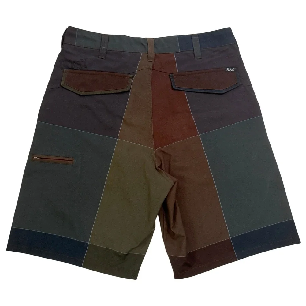 Vintage Y2K Rusty Shorts Men 32 Brown Colorblock Plaid Surf Skate Casual Utility